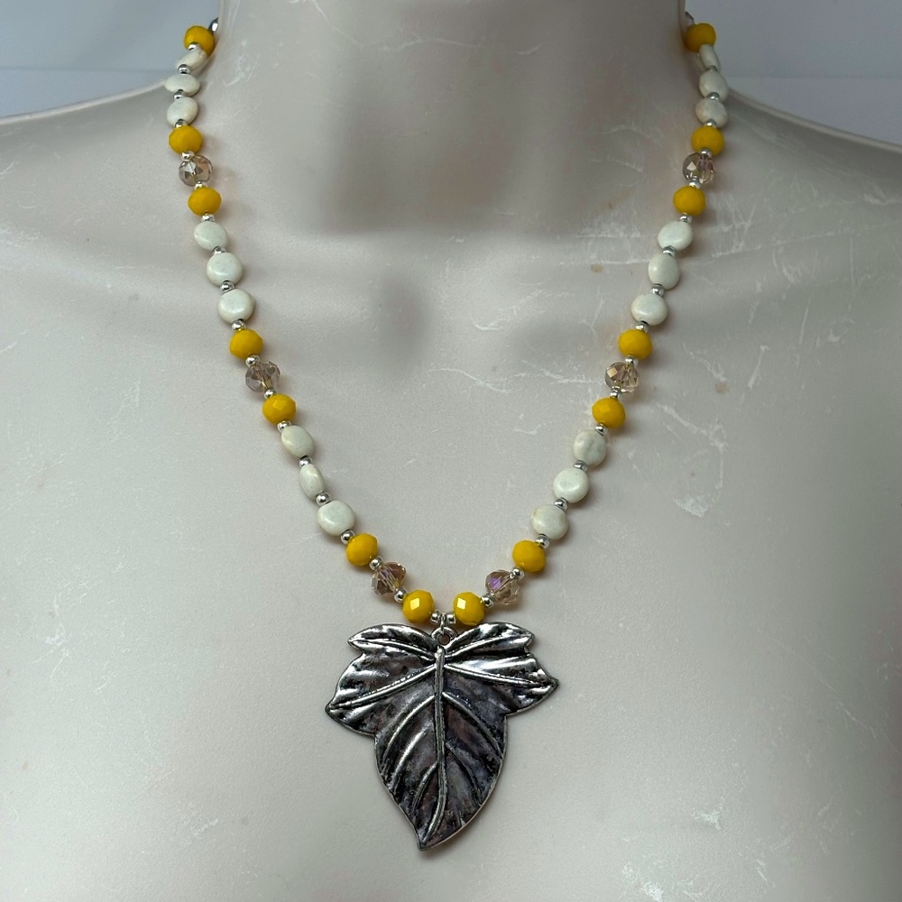 Handmade Beaded Necklace Silver Tone Leaf Pendant White Magnesite Yellow Glass